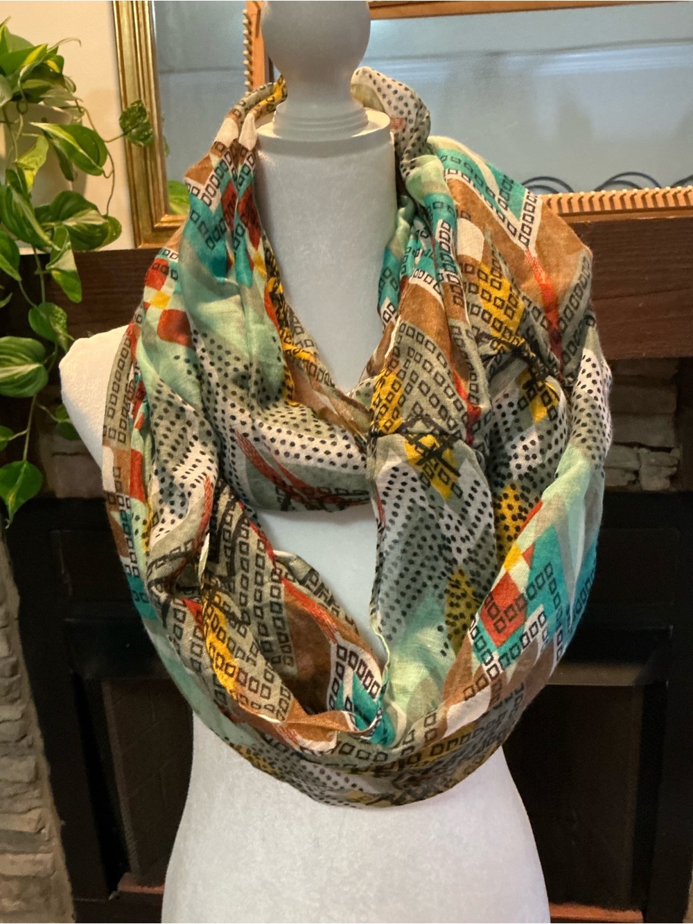 Multicolor Geometric Infinity Scarf - Turquoise, Brown & Yellow